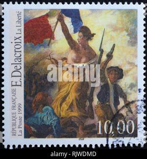 Peinture La Liberté guidant le Peuple de Delacroix sur timbre français Banque D'Images