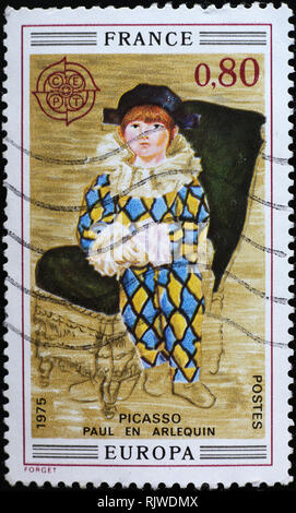 Peinture 'Paul en arlequin' par Picasso sur stamp Banque D'Images