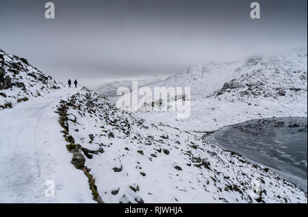 Vues le long de la piste de mineur vers le sommet de Y Wyddfa (Snowdon) sur un jour d'hiver, de neige. Banque D'Images