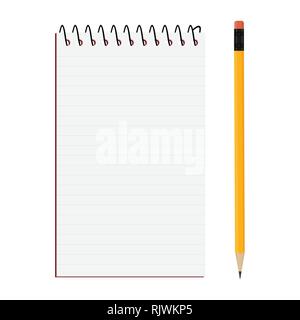 Illustration vecteur vertical ouvert le bloc-notes à spirale cahier et crayon isolé sur fond blanc. Illustration de Vecteur