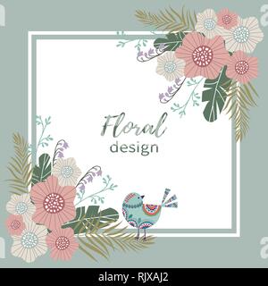 Bonnes vacances. Modèle pour cartes et bannières avec cute doodles fleurs pastel et d'oiseaux sur un fond blanc, vector Illustration de Vecteur