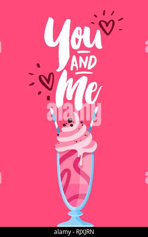 Valentines Day Greeting card illustration de rose glace à la fraise milkshake avec deux pailles pour date romantique concept. Illustration de Vecteur