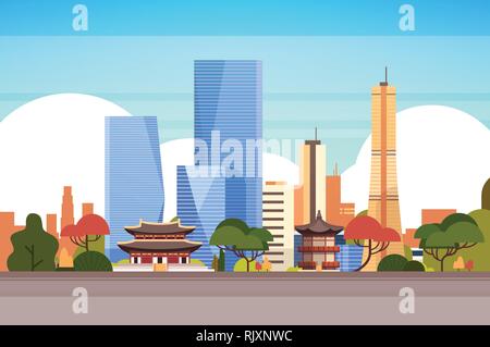 Arrière-plan de la ville de Séoul avec vue sur l'horizon gratte-ciel et monuments célèbres Illustration de Vecteur