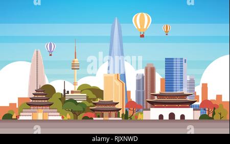 Arrière-plan de la ville de Séoul Vue sur l'horizon avec de l'air Vols en montgolfière au dessus des gratte-ciel et monuments célèbres Illustration de Vecteur