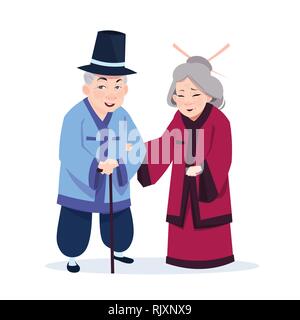 Senior Asian Couple portant des costumes traditionnels Old Man and Woman on White Background Illustration de Vecteur
