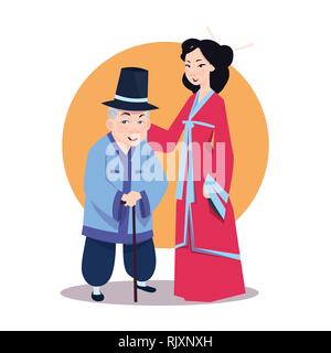 Old Asian Man avec jeune femme en kimono japonais coréen portant des vêtements traditionnels Illustration de Vecteur