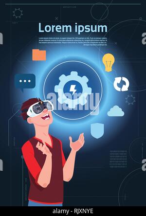 Le concept de réalité virtuelle Homme portant lunettes Casque Vr touchant symbole numérique Illustration de Vecteur