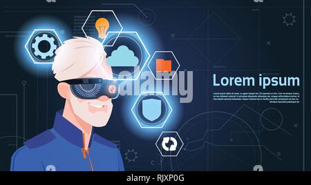 Le concept de réalité virtuelle Portrait of Senior Homme portant lunettes Lunettes numérique Casque Vr Illustration de Vecteur