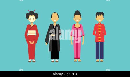 Jeu de costumes traditionnels asiatiques gens portant des vêtements chinois et japonais Kimono Illustration de Vecteur