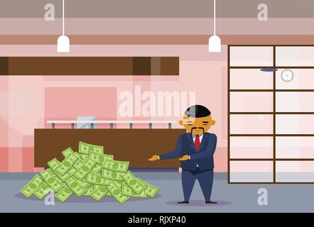 Riche homme d'affaires asiatique avec des dollars Heap dans Office Cartoon Chinese Business Man Financial Concept Réussite Illustration de Vecteur