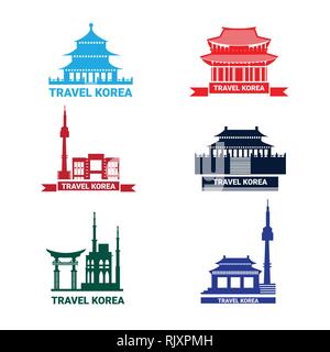 Voyage Corée Icons Set, Collection d'ossature Séoul Corée du Sud Repères Palace et du Temple Illustration de Vecteur