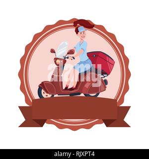 Woman Riding Scooter icône Rétro Moto modèle isolé Logo emblème en style Vintage Illustration de Vecteur