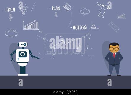 Robot moderne expliquant Nouvelle stratégie d'affaires asiatiques au cours de l'homme Réunion Skecth Background Graphiques Illustration de Vecteur