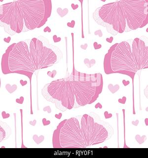 Feuilles de ginkgo et motif coeur rose en palette de couleurs sur un fond blanc. Valentine Illustration de Vecteur