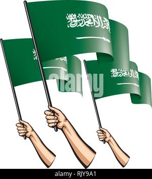 Drapeau de l'Arabie saoudite et de la main sur fond blanc. Vector illustration Illustration de Vecteur