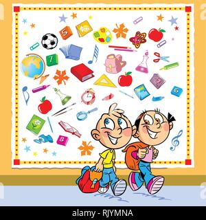 L'illustration montre funny boy and girl. Ils vont à l'école avec des portefeuilles par rapport à l'arrière-plan les attributs et les articles pour l'école. Illustration Illustration de Vecteur