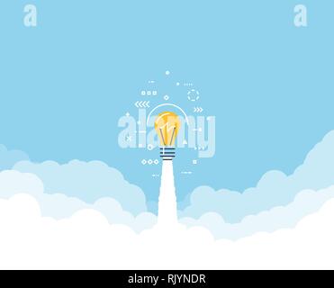 Ampoule a lancé le vol par cloud. Les nuages et le ciel. D'ÉCHAPPEMENT blanc et bleu ciel. Nouveau projet ou entreprise. Style ligne vector illustrat Illustration de Vecteur