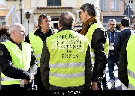 Sanremo, 69e Festival de la chanson italienne en 2019. Manifestation du gilet jaune Banque D'Images