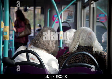 L'Angleterre. L'Essex. Le bus 351 Shenfield à Chelmsford. Les personnes âgées, surtout les femmes aux cheveux blancs. Banque D'Images