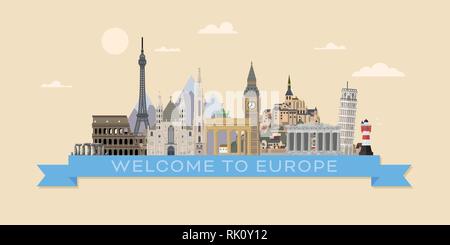 Bienvenue à l'Europe travel banner design plat vector illustration avec repères européens Illustration de Vecteur