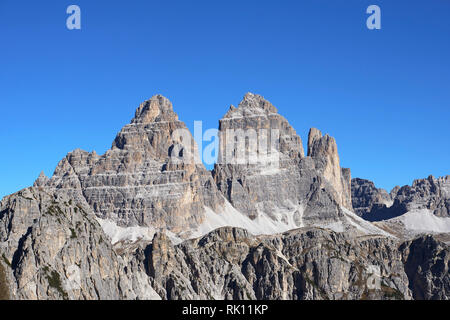 Tre Cime di Lavaredo, vu de Cadini di Misurina, Dolomites, Padova, Veneto, Italie Banque D'Images