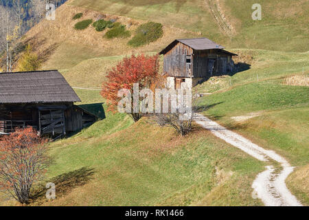 Vieilles granges et la voie à travers les prés, près de Badia Abtei, Dolomites, l'Alta Badia, le Tyrol du Sud Banque D'Images