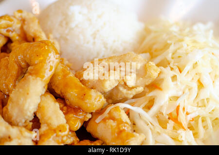 La cuisine chinoise, le riz avec du poulet frit à la sauce de soja et de légumes, le chou et les carottes dans une assiette blanche, Close up Banque D'Images