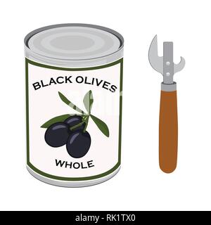 Illustration vecteur de la nourriture en conserve. Olives noires entières. dans boite métal peut et ouvre-boîtes Illustration de Vecteur
