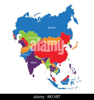 Vector illustration Asie contour plan avec les noms de pays isolé sur fond blanc. Icône du continent asiatique Illustration de Vecteur