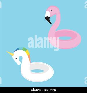 Piscine de natation d'été collection bagues flamingo et unicorn Illustration de Vecteur