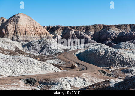 Un chemin serpente à travers un paysage sauvage, désert aride des formations de roches colorées et de hauts sommets de Petrified Forest National Park, Arizona Banque D'Images