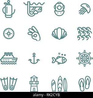 La plongée icon set. Inclus les icônes comme sous-marine, plongée sous-marine, masque, palmes, régulateur, combinaison et plus encore. Illustration de Vecteur