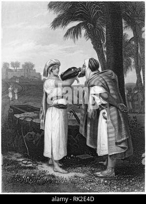 Gravure de Rebecca au puits avec le serviteur d'Abraham. À partir de la Bible, peut-être Self-Interpeting l'édition 1843. Banque D'Images