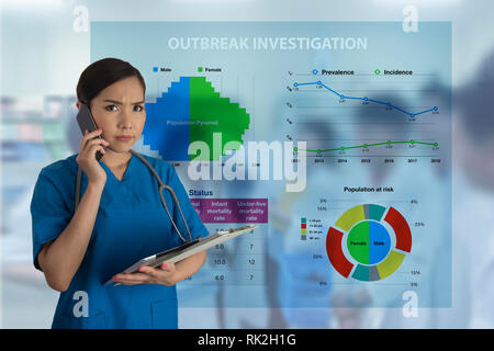 Femme médecin l'air si sérieux tout en parlant sur téléphone mobile avec tableaux et graphiques statistiques de santé sur l'arrière-plan. Banque D'Images