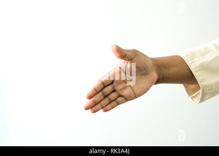 La peau brune main hand shaking sign on white background Banque D'Images