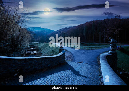 Entre parc Mountain à l'automne dans la nuit dans la lumière de la pleine lune. arbres feuillage coloré en vert vif, pelouses herbeuses. chemin d'accès à la passerelle par cre Banque D'Images