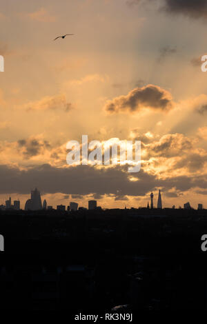Londres, Royaume-Uni. 9 Feb 2019. Météo France : vue sur les toits de Londres du Wembley Park lever de soleil derrière le tesson et BT Tower. Credit : Amanda rose/Alamy Live News Banque D'Images