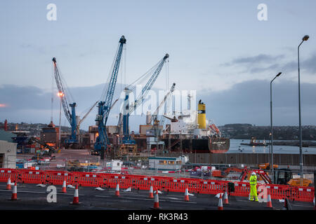 Ringaskiddy, Cork, Irlande. 09-02-2019. Vraquier Lowlands déchargements Balise de nourriture Argentine pendant que la construction se poursuit sur le réaménagement du port de Ringaskiddy qui sera composé d'un nouveau terminal à conteneurs et d'amarrage. Crédit : David Creedon/Alamy Live News Banque D'Images