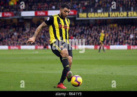 Londres, Royaume-Uni. 09Th Feb 2019. Troy Deeney de Watford en action. Premier match d'EPL, Watford v Everton à Vicarage Road à Londres le samedi 9 février 2019. Cette image ne peut être utilisé qu'à des fins rédactionnelles. Usage éditorial uniquement, licence requise pour un usage commercial. Aucune utilisation de pari, de jeux ou d'un seul club/ligue/dvd publications pic par Steffan BowenAndrew Orchard la photographie de sport/Alamy live news Crédit : Andrew Orchard la photographie de sport/Alamy Live News Banque D'Images