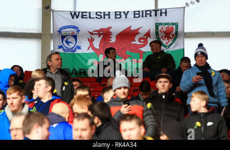 Fans dans les tribunes, d'un drapeau gallois au cours de la Premier League match à St Mary's Stadium, Southampton. Banque D'Images