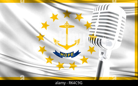 Microphone sur fond de tissu d'un drapeau État de Rhode Island close-up Banque D'Images