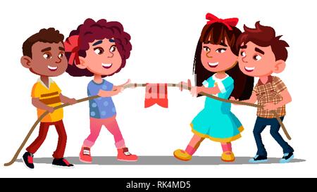 Multi-Ethnic Garçons et filles, tirer sur la corde en jeu l'équipe de vecteur. Illustration isolé Illustration de Vecteur