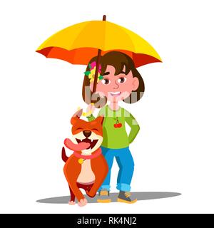 Petite fille qui marche un chien sous la pluie parapluie dans le vecteur. Illustration isolé Illustration de Vecteur