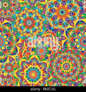 Motif transparent brillant au style ethnique. Ornement de mandalas colorés avec un contour d'or. Peut être utilisé pour le textile, le papier, ou l'emballage cadeau. Vector Illustration de Vecteur