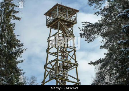 Tour de garde en bois aux touristes d'observer le paysage environnant en forêt d'hiver Banque D'Images