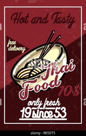 Thai Food vintage couleur bannière pour restaurant cuisine asiatique. Vector illustration. Illustration de Vecteur