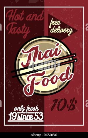 Thai Food vintage couleur bannière pour restaurant cuisine asiatique. Vector illustration. Illustration de Vecteur