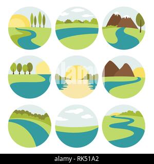 River et du paysage d'icônes. Symboles de la nature et de l'écologie et la mer voyage soleil, montagne, arbre, parc ou forêt verte de l'été, le coucher du soleil et la rivière. Illustration de Vecteur