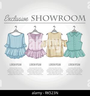 Showroom couleur Ensemble de vêtements femme tops et blouses sur des cintres pour les vêtements Illustration de Vecteur