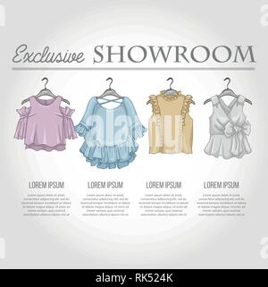 Showroom couleur Ensemble de vêtements femme blouses avec falbalas sur des cintres pour les vêtements Illustration de Vecteur